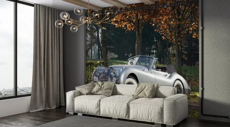 Modern Wall Paper,Jaguar Wall Mural,Car Wall Paper,Bright Wall Paper,Old Car Mural,Wall Paper Peel and Stick,1954 Jaguar Wall Decor, - 3