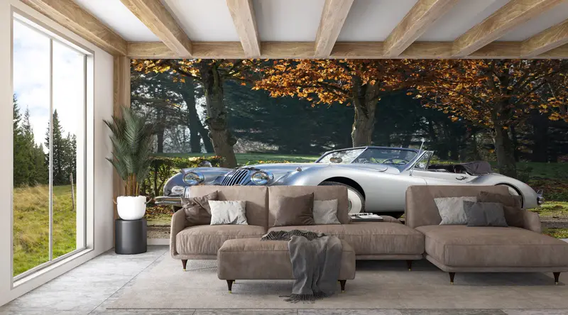 Modern Wall Paper,Jaguar Wall Mural,Car Wall Paper,Bright Wall Paper,Old Car Mural,Wall Paper Peel and Stick,1954 Jaguar Wall Decor, - 1