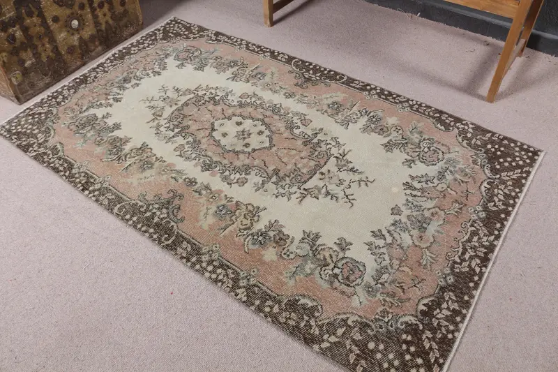 Turkish 3.8x6.4 ft Rug, Area Vintage Rug, Brown Pink Solid Rug - 1