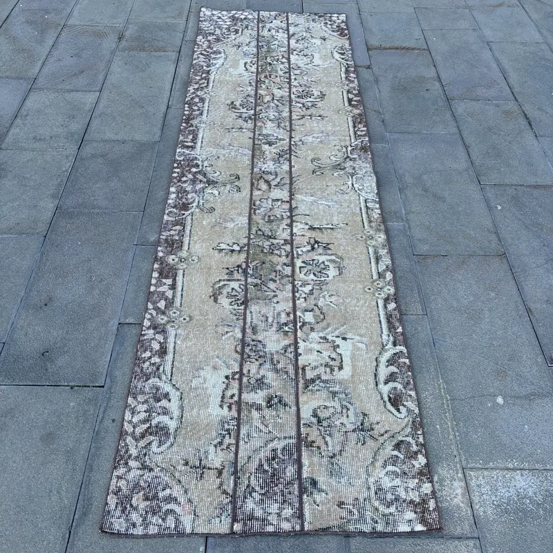 Vintage Runner Rug 2.5x8.6 ft, Turkish Oushak Brown Oriental Wool Rug - 1