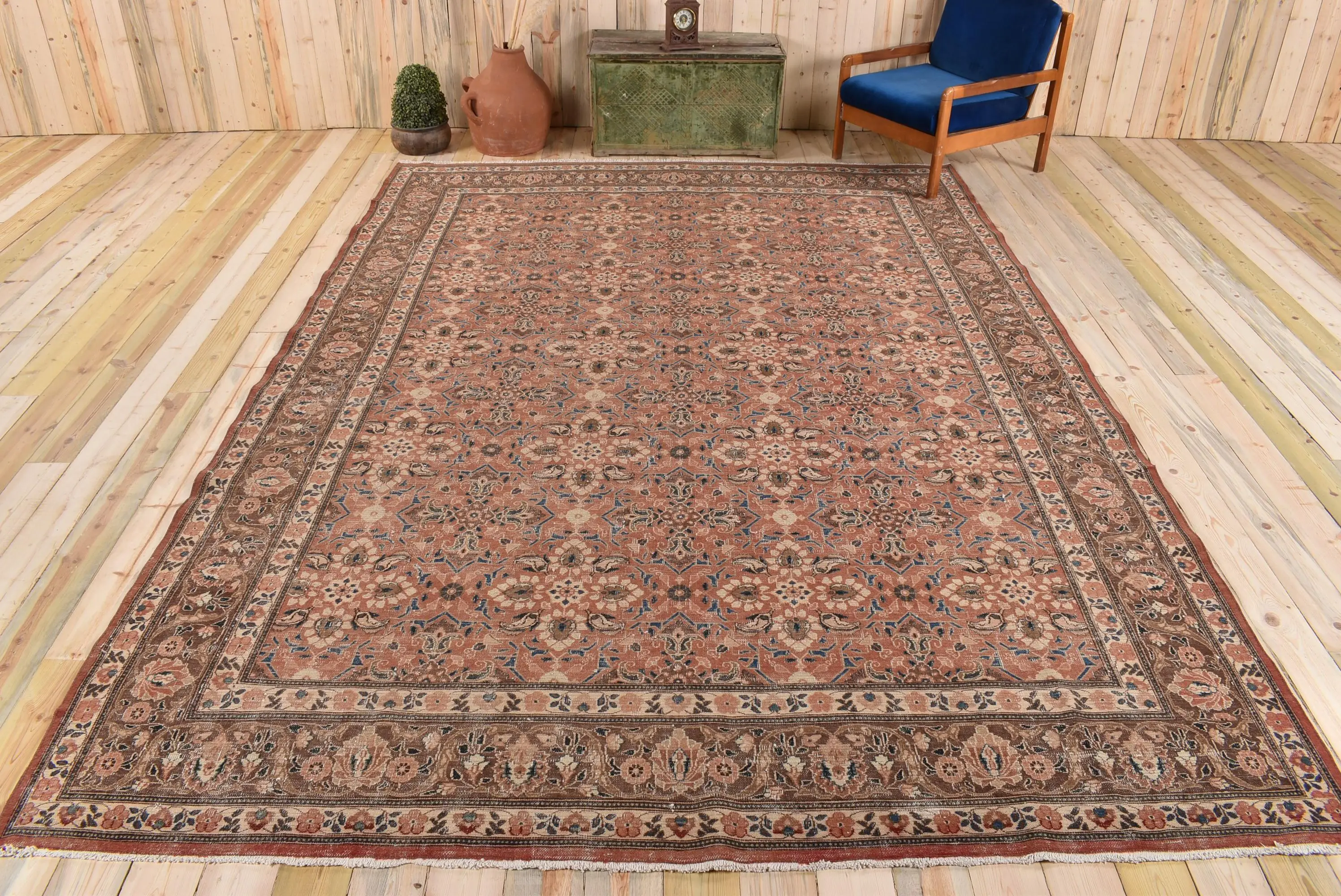9x12.3 ft Turkish Rug, Vintage Oversize Rug, Brown Polka dot Wool Rug - 1