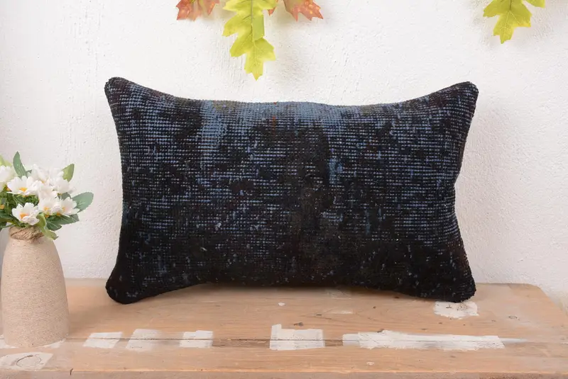 Blue Southwestern Throw Pillow, 12x20 Handmade Embroidered Cushion