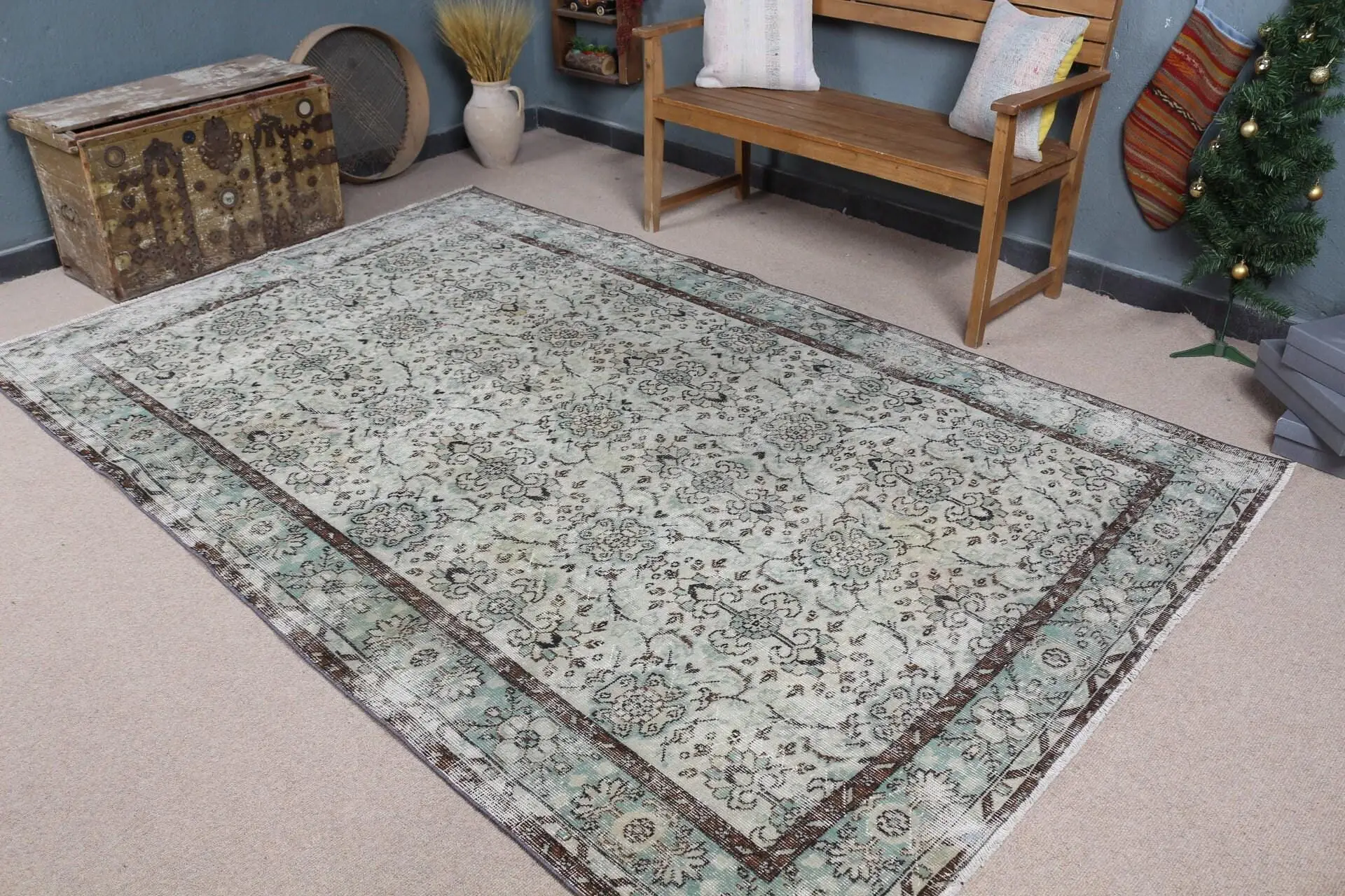 5.8x9.2 ft Halı, Vintage Türk Halısı, Mavi Yün Halı - 1