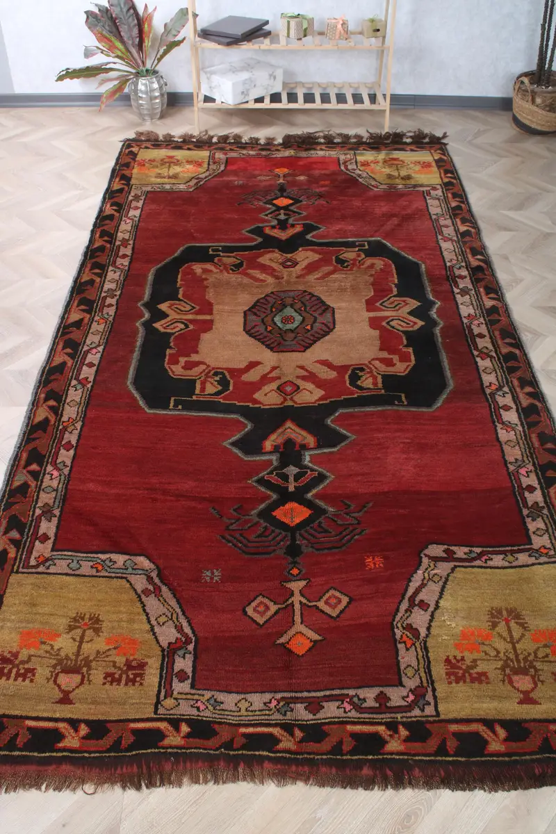 Vintage 5,6x10,7 ft Teppich, großer türkischer Teppich, rot-schwarzer Tarnwollteppich - 1