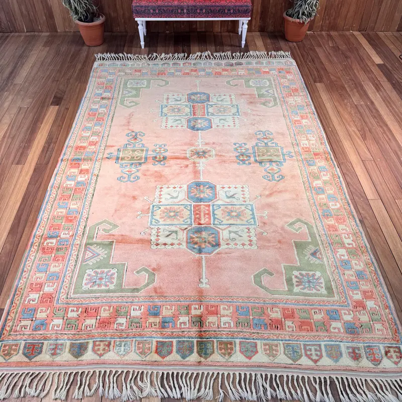 Turkish Vintage Oushak Rug 6.9x10.5 ft, Red Oversize Floral Wool Rug - 1