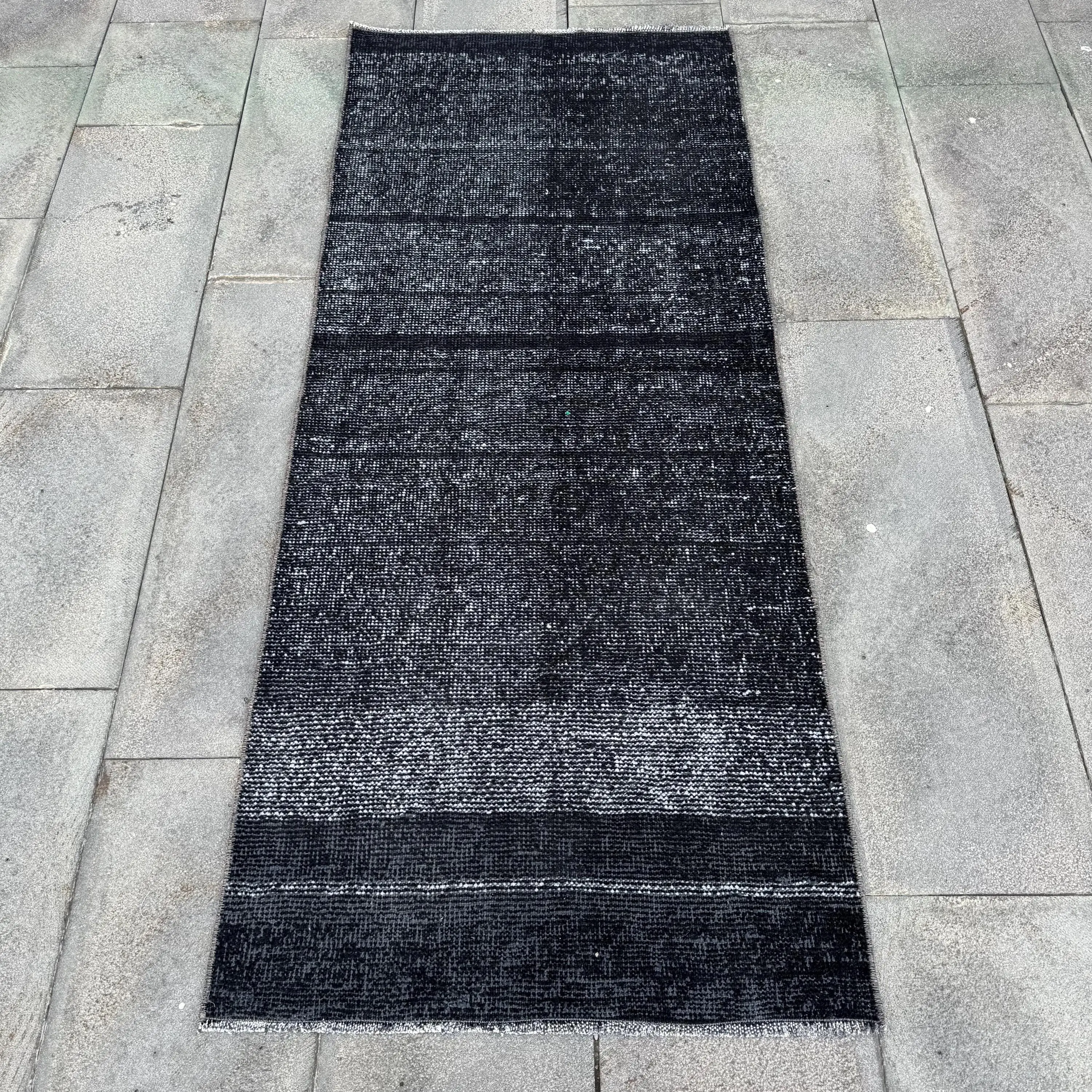Vintage Turkish Rug 2.4x5.7 ft (74x175 cm), Black Gray Floral Rug - 1