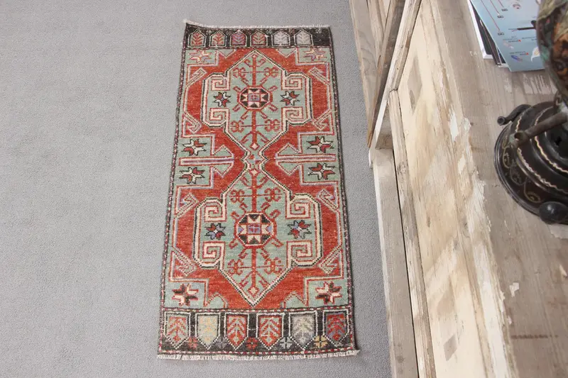Handmade Red Rug with Green Motifs, 0.1x3.2 ft
