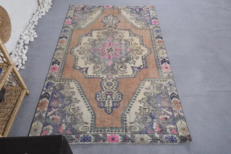 120x210 cm Turuncu Halı, Bej Desenli Düz Desenli