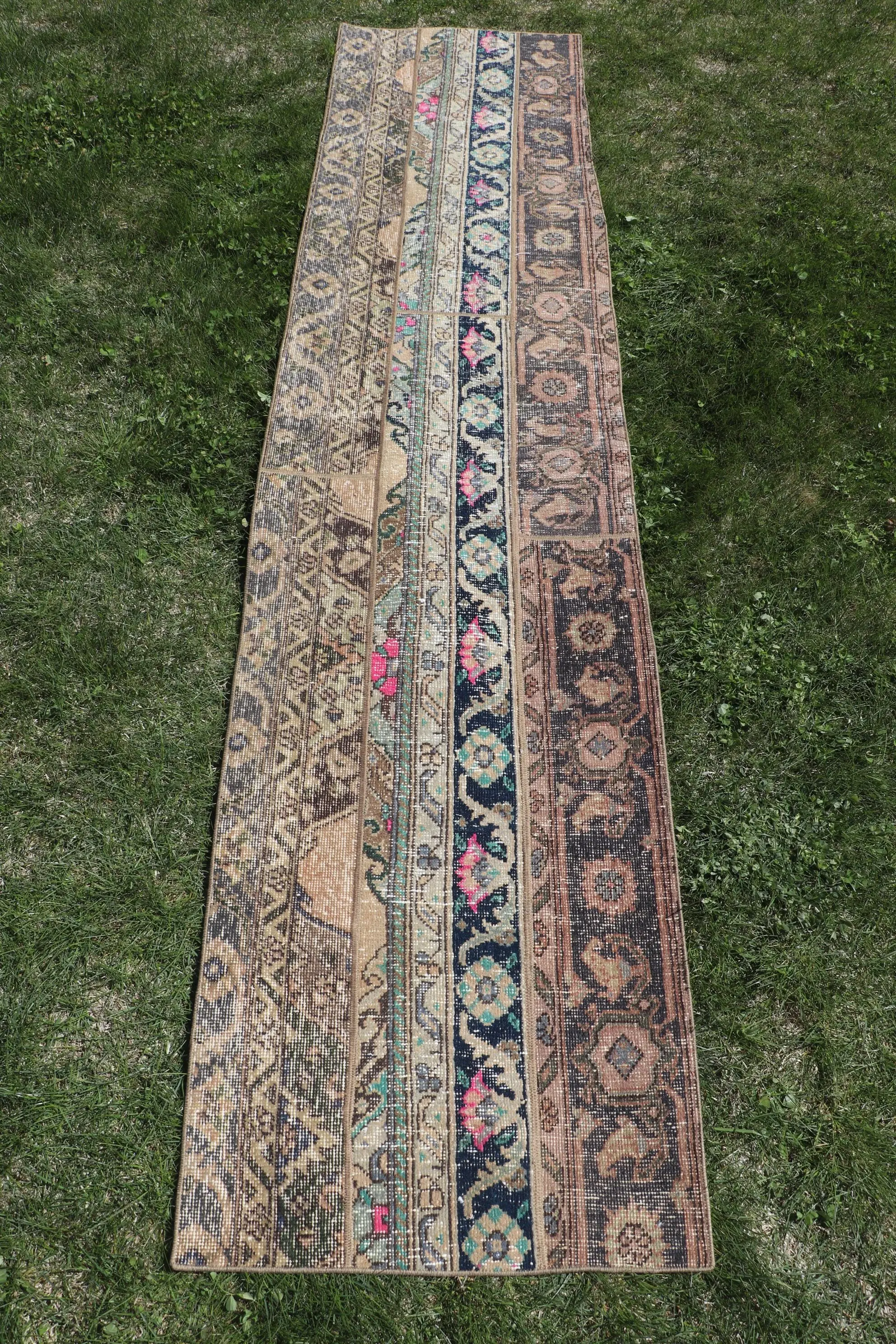 Turkish Vintage Rug, 2x8.9 ft Rug, Brown Blue Solid Rug - 1