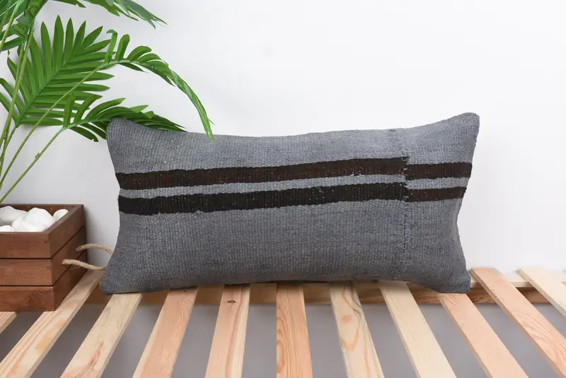 Vintage Kilim Throw Pillow, 12x24 Gray Cushion Case, Vintage Kilim Pillow, Pillow Sham, Decorative Bolster Cushion Case, Interior Designer Pillow - 1