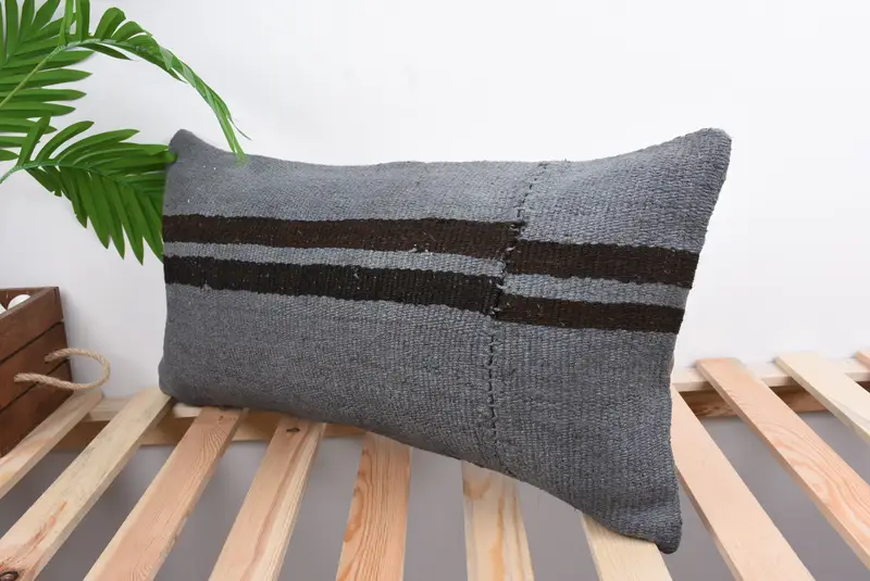 Vintage Kilim Throw Pillow, 12x24 Gray Cushion Case, Vintage Kilim Pillow, Pillow Sham, Decorative Bolster Cushion Case, Interior Designer Pillow - 5