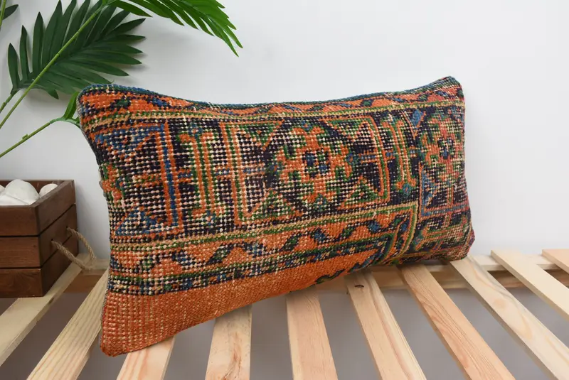 Traditional Pillow Case, Comfy Throw Cushion, Vintage Kilim Pillow, Boho Pillow, Ethnical Kilim Rug Pillow, Pillow Cover, 12x24 Blue Pillow Case - 5