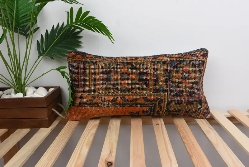 Traditional Pillow Case, Comfy Throw Cushion, Vintage Kilim Pillow, Boho Pillow, Ethnical Kilim Rug Pillow, Pillow Cover, 12x24 Blue Pillow Case - 1