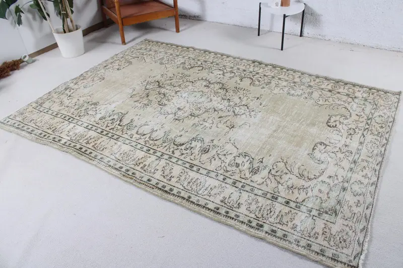 Turkish Vintage Large Rug 5.7x8.2 ft, Gray Blue Plants & trees Rug - 1