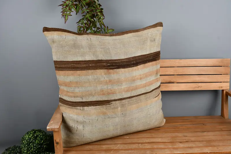 Cushion Cover, Antique Pillows, Gift Pillow, Bolster Pillow, Armchair Pillow Case, 32x32 Beige Pillow Sham, Kilim Pillow, Turkish Bench Cushion - 1