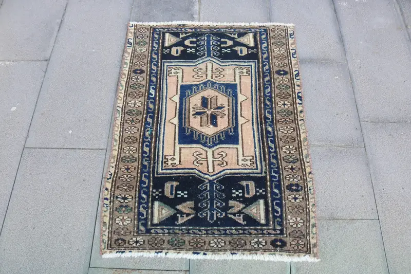 2.2x3 ft Vintage Rug, Turkish Small Rug, Blue Floral Wool Rug - 1
