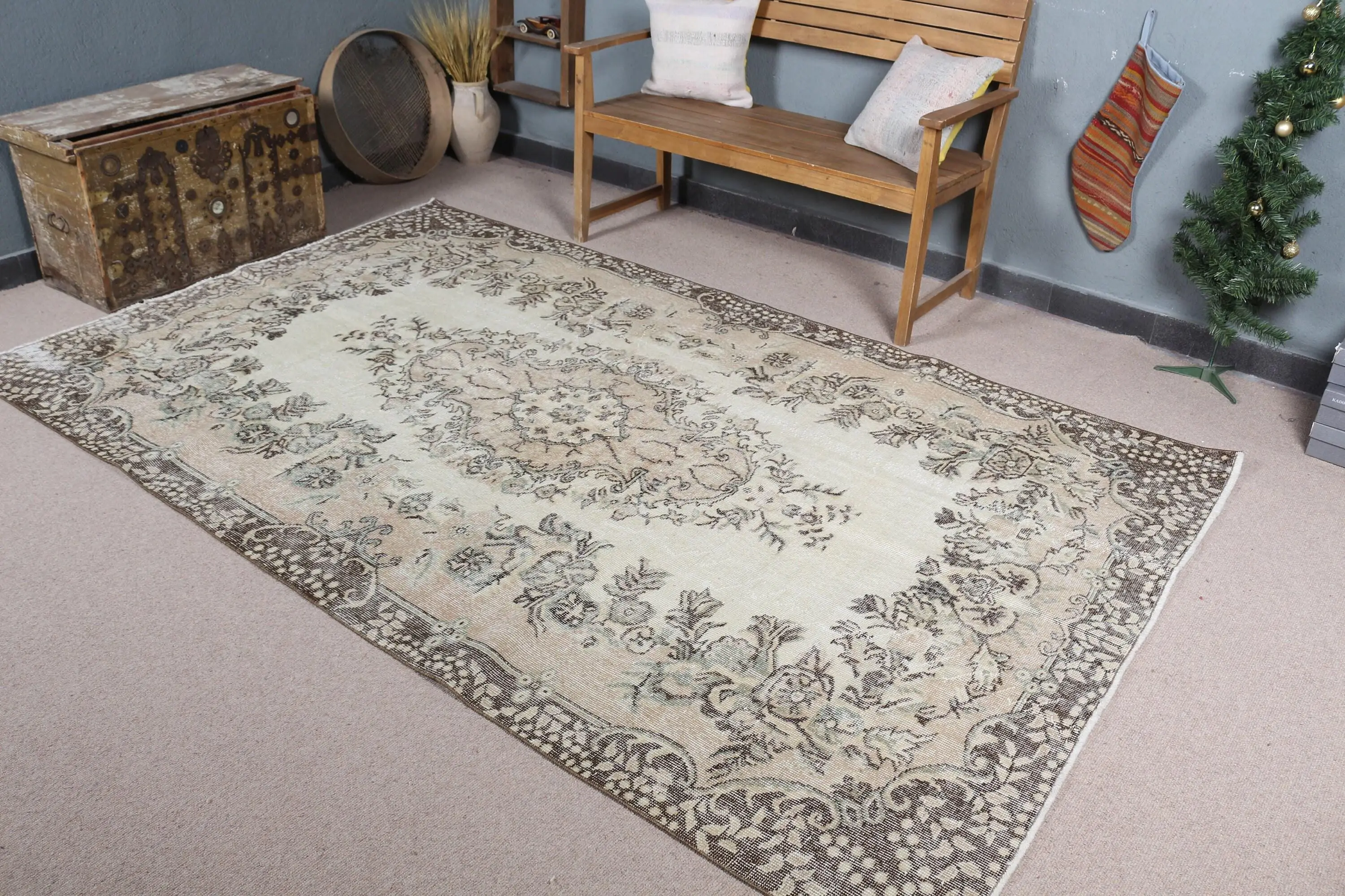 Türk Büyük Halı 5.6x9.1 ft (171x278 cm), Gri Soyut Vintage Halı - 1