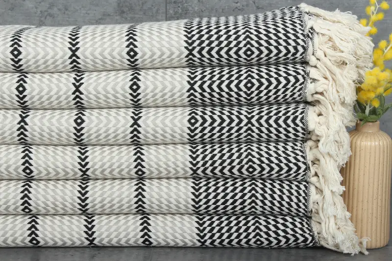 Custom Turkish Beach Towel Black-Light Gray Diamond Stripes, 40x79 Inches