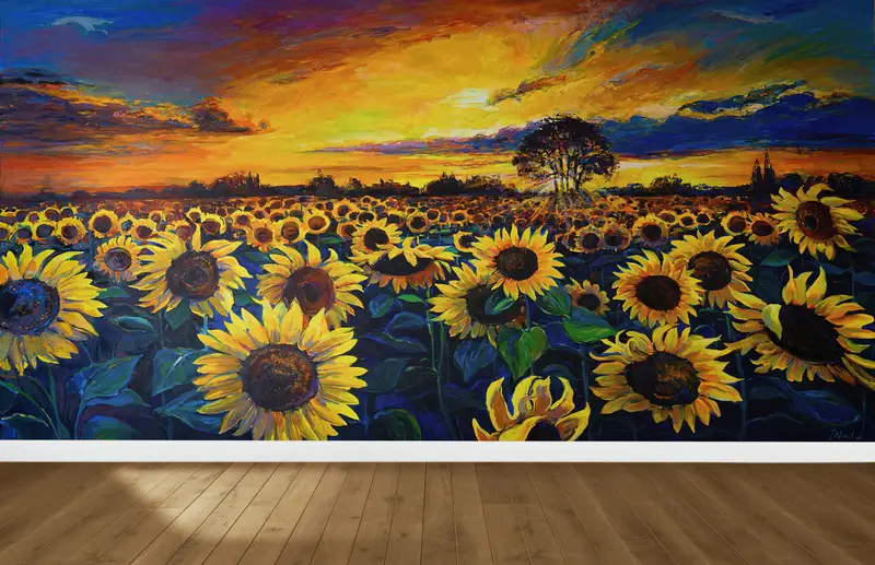 Gün Batımı Ayçiçeği Tarlası Baskılı Duvar Kağıdı: Doğa Manzarası Elegance
