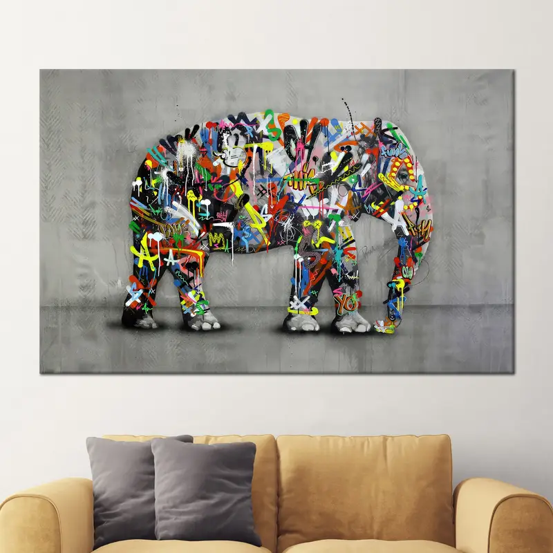 Vibrant Elephant Graffiti Canvas: Abstract, Colorful, Banksy-Inspired Art