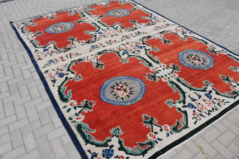 Türk Halısı, 9x11.8 ft Vintage Halı, Kırmızı Mavi Güneybatı Yün Halı - 1