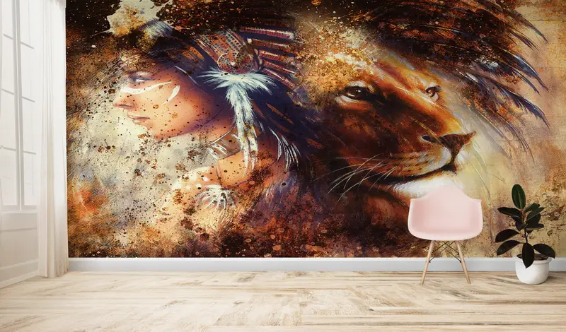 Zarif Kızılderili Kadın ve Aslan Baskılı Duvar Kağıdı