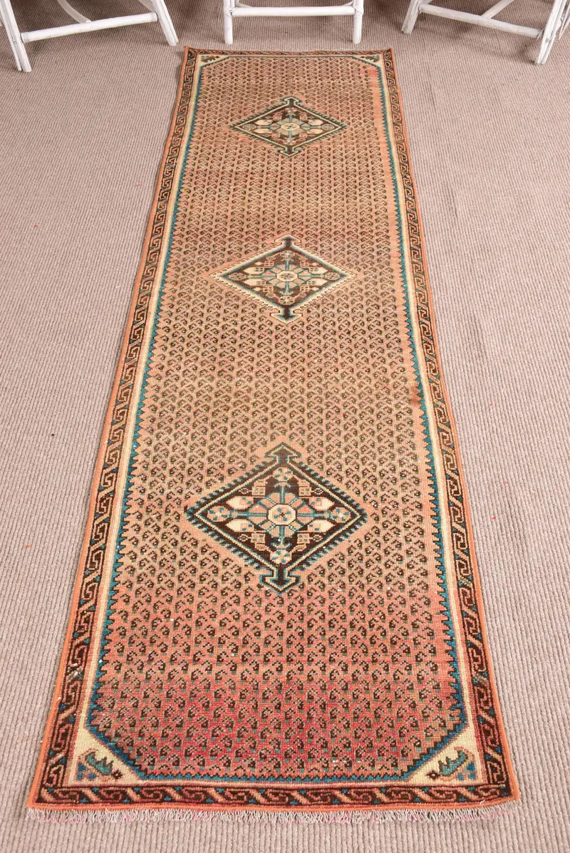 Turkish Vintage Rug 2.4x9 ft, Brown Oushak Floral Rug - 1