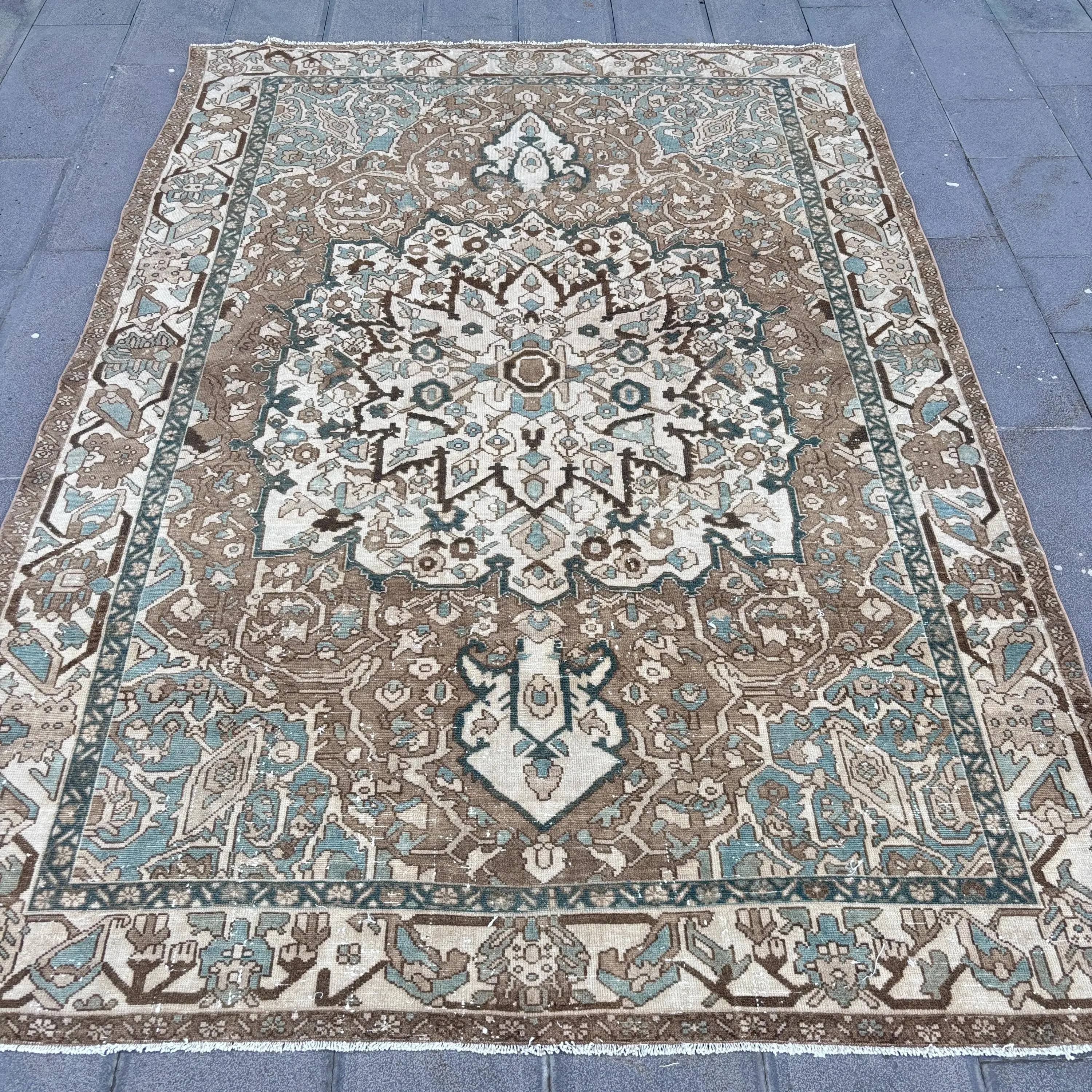 Vintage Turkish Rug 6.6x9.4 ft, Brown Large Polka dot Wool Rug - 1