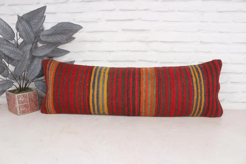 Ethnical Kilim Rug Pillow, Living Room Throw Cushion, Turkish Pillow, Cushion, Pet Cushion Cover, Retro Pillow, 12x36 Red Cushion, Antique Pillows - 1
