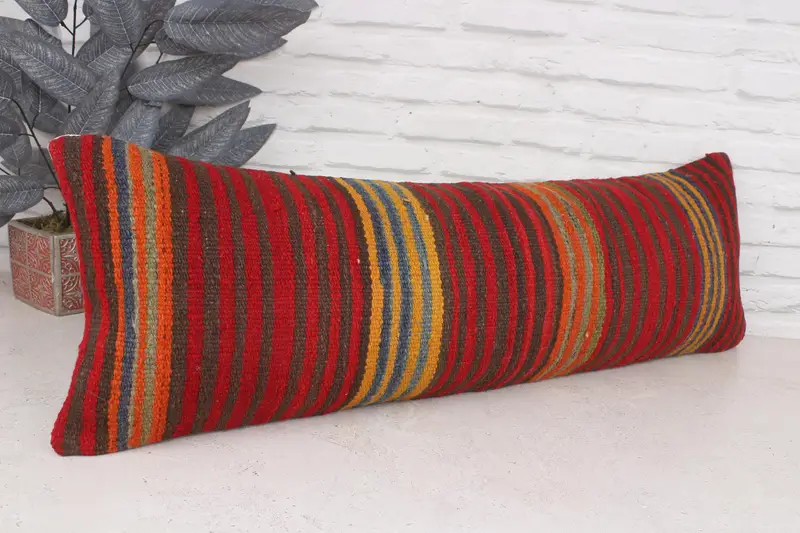 Ethnical Kilim Rug Pillow, Living Room Throw Cushion, Turkish Pillow, Cushion, Pet Cushion Cover, Retro Pillow, 12x36 Red Cushion, Antique Pillows - 3