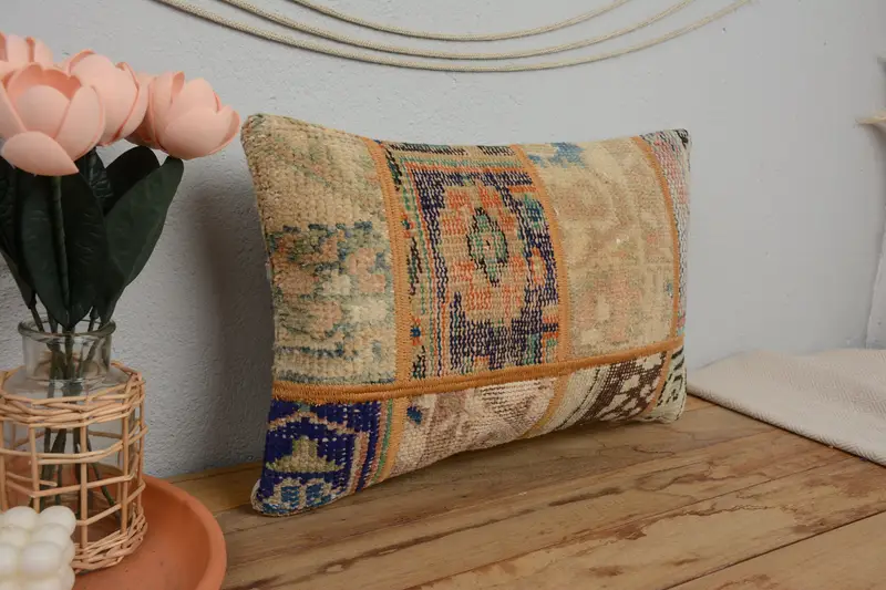 Gift Pillow, Pillow Sham, Vintage Kilim Throw Pillow, Retro Throw Cushion, 12x20 Beige Cushion Cover, Vintage Kilim Pillow, Ottoman Pillow Cover - 1