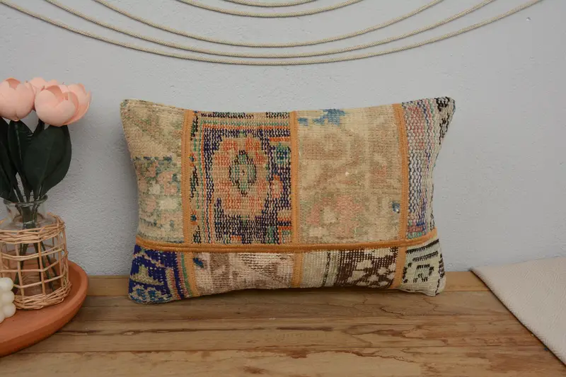 Gift Pillow, Pillow Sham, Vintage Kilim Throw Pillow, Retro Throw Cushion, 12x20 Beige Cushion Cover, Vintage Kilim Pillow, Ottoman Pillow Cover - 2