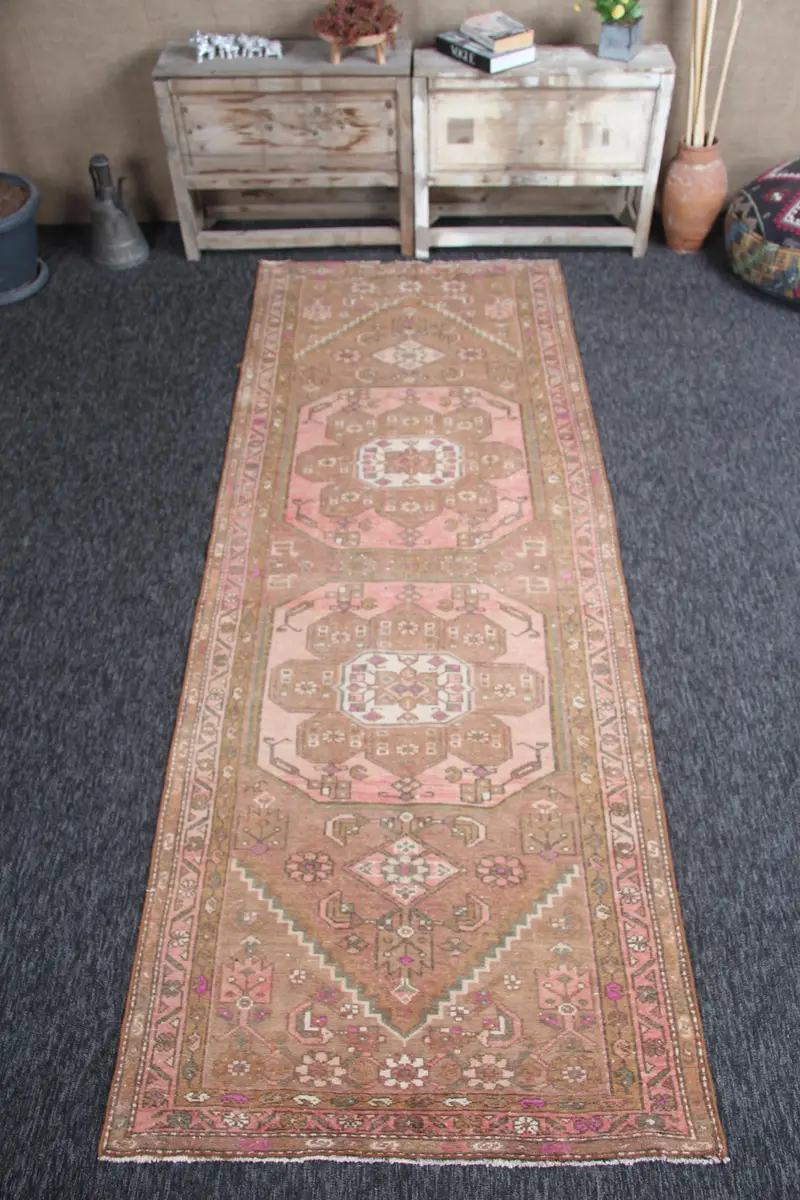 3,4x9,3 ft Teppich, Vintage Türkischer Teppich, Oushak Brauner geometrischer Teppich - 1