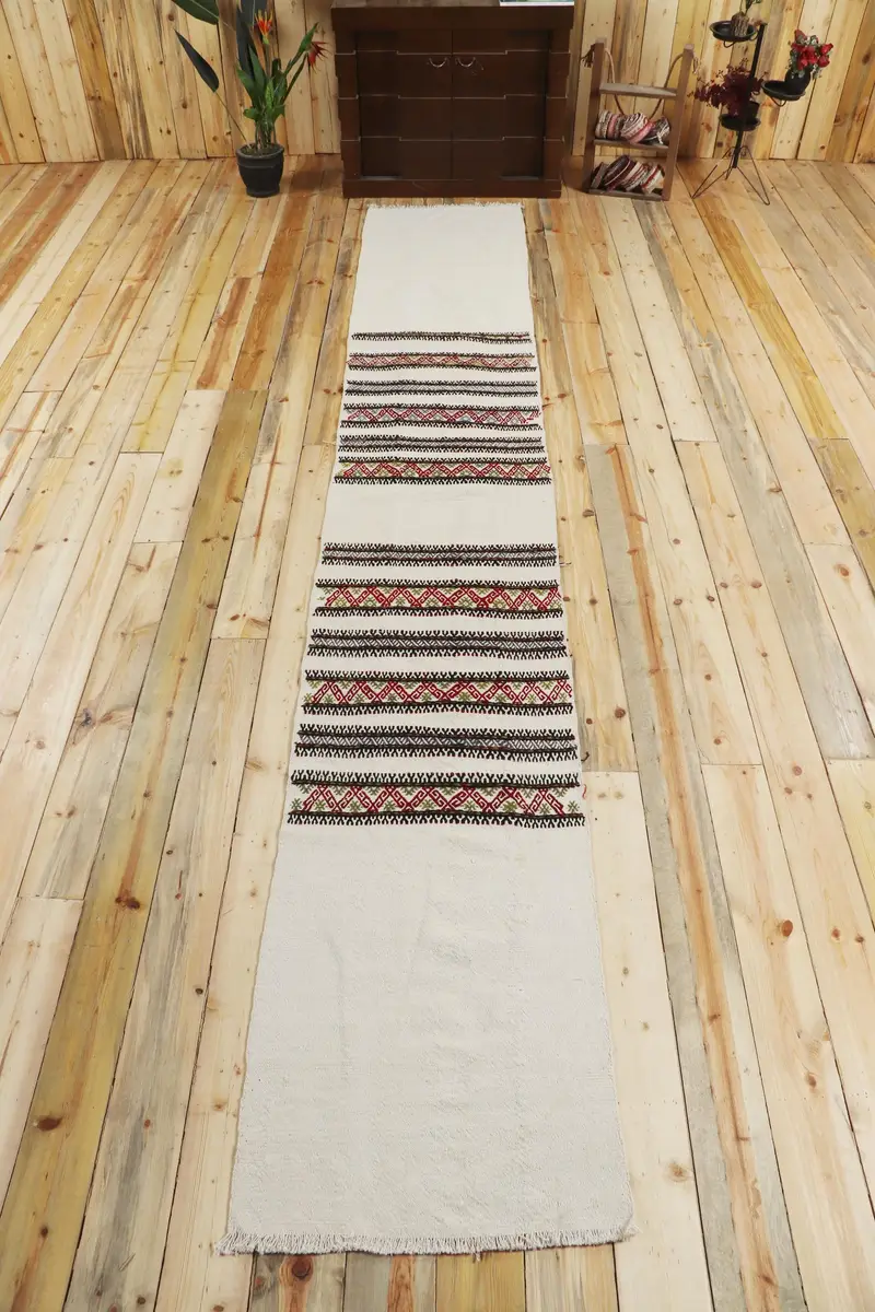 Türkischer 2,1x13,5 ft Teppich, Vintage Läuferteppich, weißer geometrischer Teppich - 1