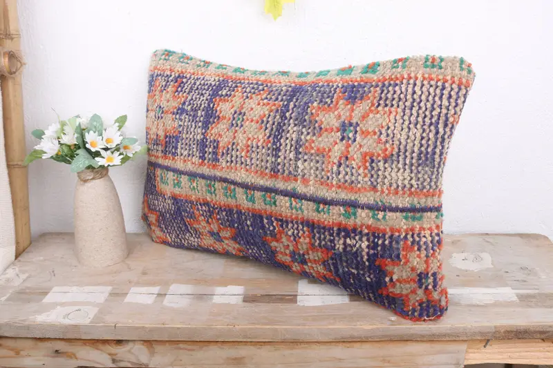 Turkish Kilim Pillow, 12x20 Blue Cushion Cover, Kilim Cushion Sham, Vintage Pillow, Outdoor Bolster Pillow Sham, Cushion Cover - 4