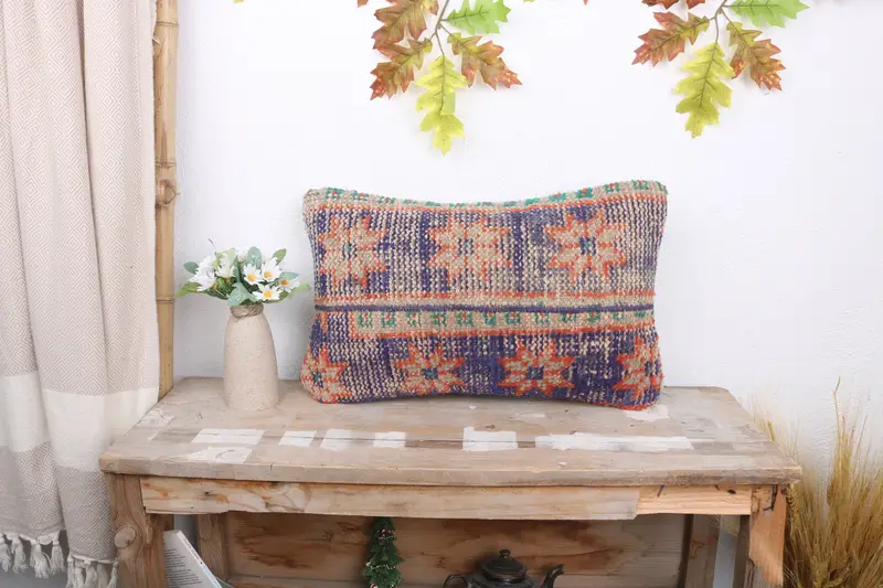 Turkish Kilim Pillow, 12x20 Blue Cushion Cover, Kilim Cushion Sham, Vintage Pillow, Outdoor Bolster Pillow Sham, Cushion Cover - 1