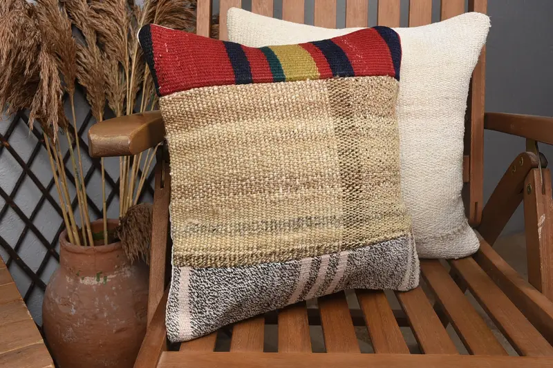 Accent Cushion Case, Gift Pillow, Pillow, 14x14 Beige Cushion, Antique Pillows, Authentic Pillow Cover, Vintage Kilim Pillow, Turkish Bench Pillow - 2