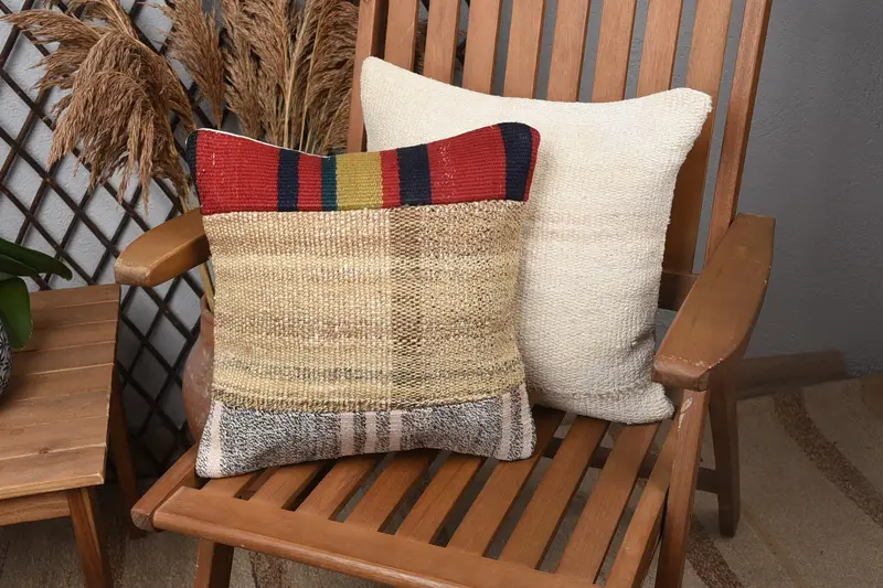 Accent Cushion Case, Gift Pillow, Pillow, 14x14 Beige Cushion, Antique Pillows, Authentic Pillow Cover, Vintage Kilim Pillow, Turkish Bench Pillow - 1