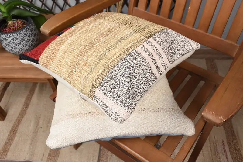 Accent Cushion Case, Gift Pillow, Pillow, 14x14 Beige Cushion, Antique Pillows, Authentic Pillow Cover, Vintage Kilim Pillow, Turkish Bench Pillow - 4