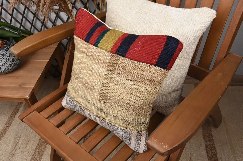 Accent Cushion Case, Gift Pillow, Pillow, 14x14 Beige Cushion, Antique Pillows, Authentic Pillow Cover, Vintage Kilim Pillow, Turkish Bench Pillow - 5