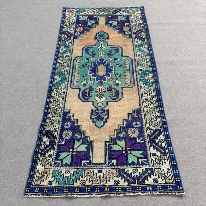 Turkish Vintage Rug 3.7x7.6 ft (112x232 cm), Oushak Blue Green Polka dot Rug - 1