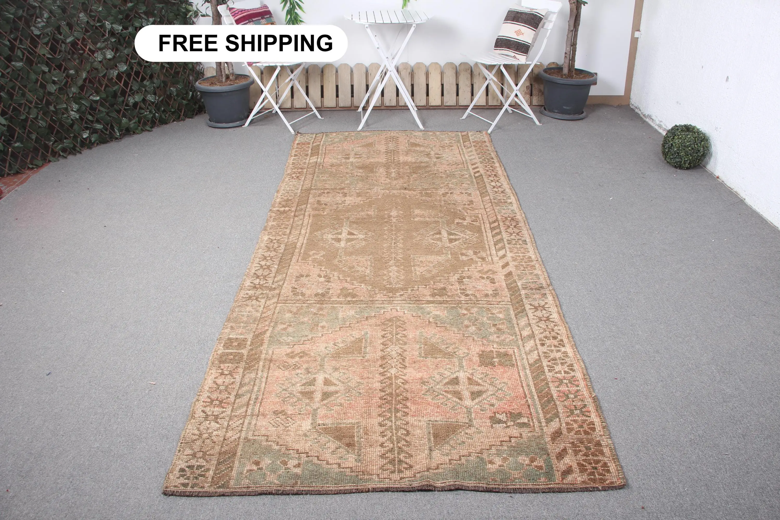 Türk 4.1x9.8 ft Halı, Vintage Halı, Kahverengi Çiçekli Yün Halı - 1