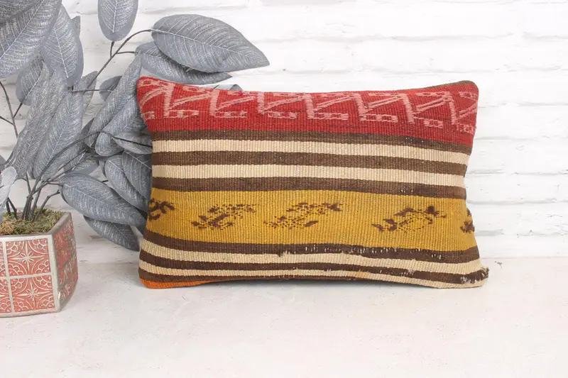 Pillow Case, Home Decor Pillow, Shabby Chic Cushion Case, Throw Kilim Pillow, Interior Designer Pillow, 12x20 Yellow Cushion - 1