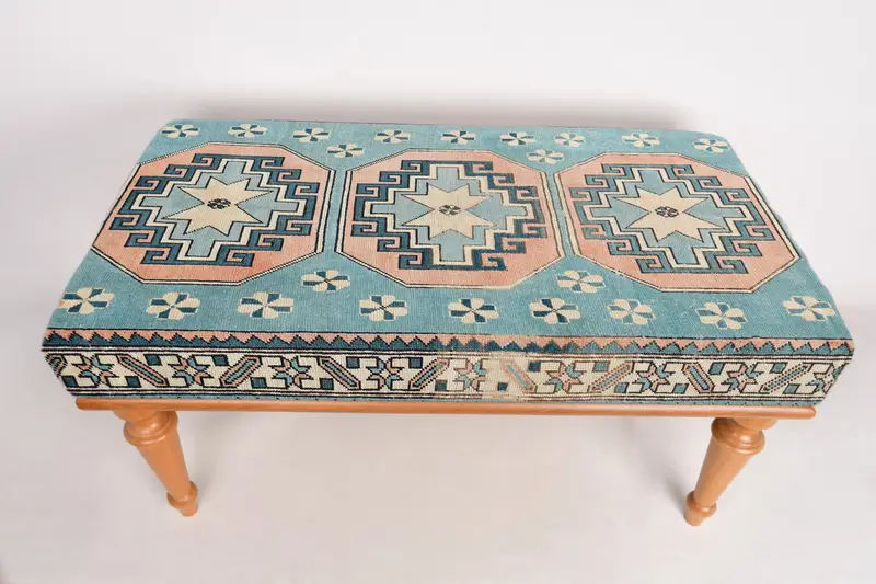 Modular Blue & Green Ottoman Set, Kilim-Inspired Wool Blend Ottomans