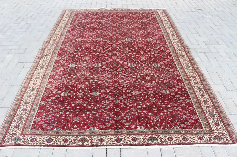 Türkischer Oushak-Teppich, groß, 6,4 x 9,1 Fuß (195 x 276 cm), Vintage-Wollteppich mit rotem Tiermuster - 1