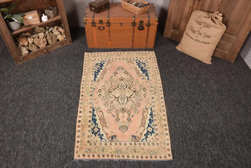 3.2x5.2 ft Oushak Turkish Rug, Beige Floral Vintage Rug Wool - 1