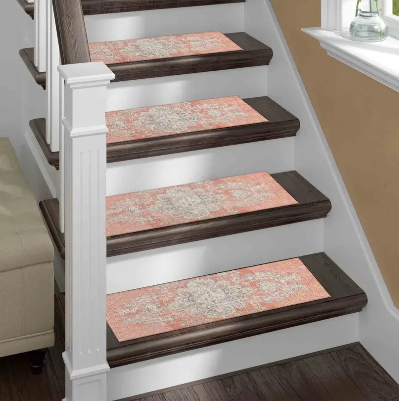 Soft Tones Medallion Stair Rug, Printed Oushak Design, Muted Boho