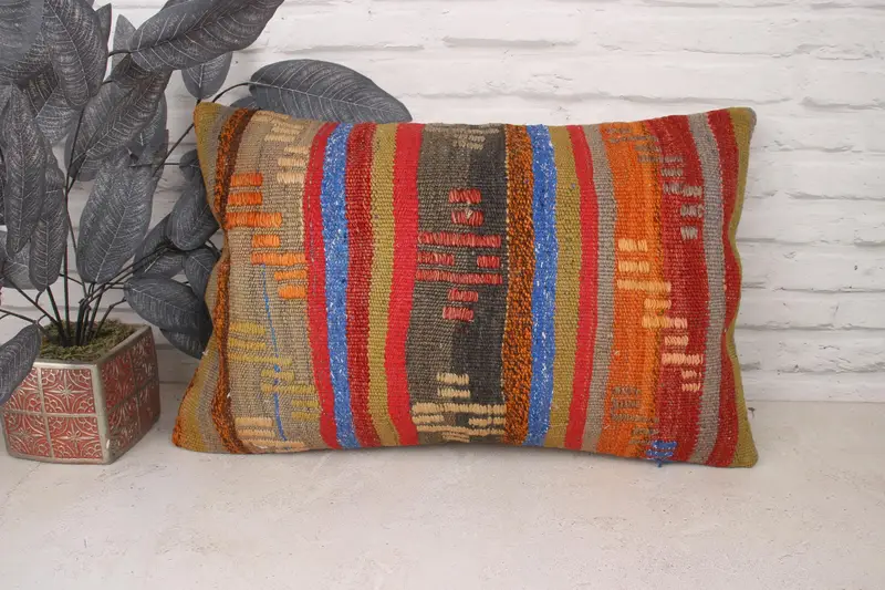 Kilim Pillow Cover, Vintage Kilim Throw Pillow, Seat Pillow Cover, 16x24 Blue Pillow Case, Turkish Pillow, Cushion Case, Ikat Pillow - 1