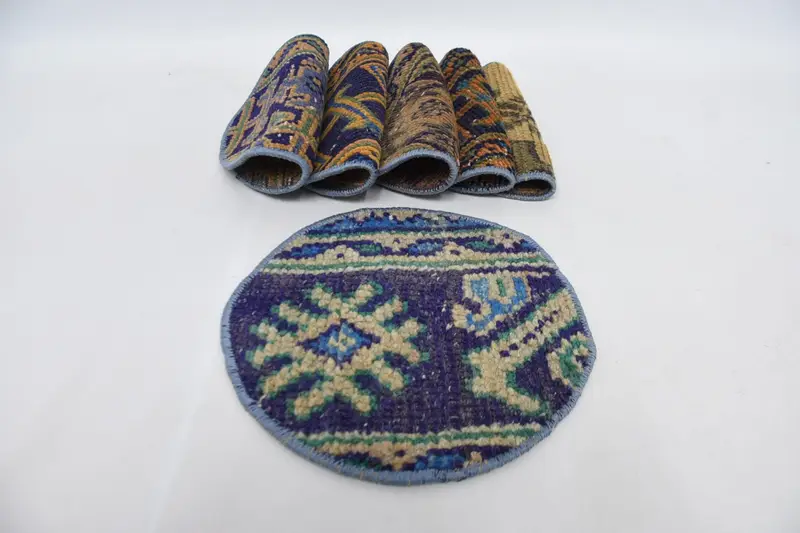 Manteles individuales circulares bohemios en azul y beige, manteles individuales de algodón y lana