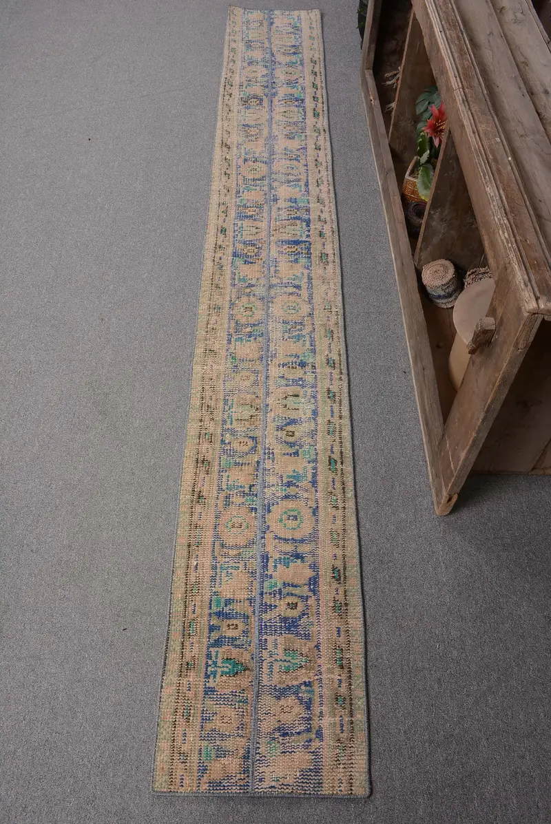 Mavi & Turuncu Halı, 1,2x9,4 ft Geometrik, Çiçek Motifli